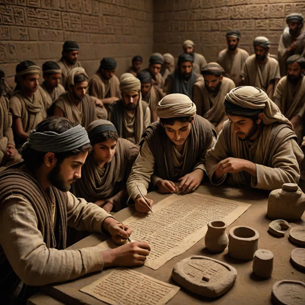 a group of men sitting around a table with pottery on it and writing on a piece of paper in front of them, vfx, academic art, egyptian art, Altichiero