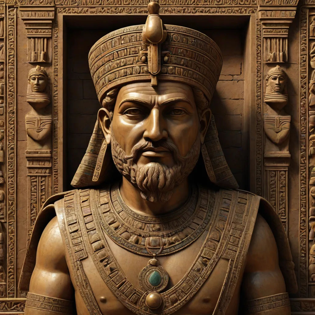 a statue of a man with a beard and a hat on his head and a gold necklace on his neck, highly detailed and intricate, qajar art, a bronze sculpture, Amir Zand