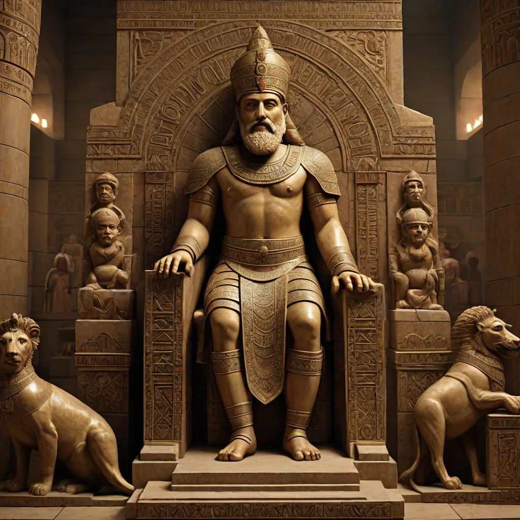 a statue of a man sitting on a throne surrounded by dogs and lions in a museum setting with a stone wall, highly detailed digital painting, fantasy art, egyptian art, Christophe Vacher
