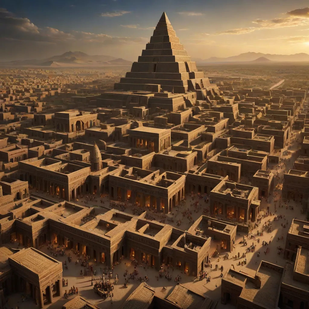 a large pyramid shaped building surrounded by smaller buildings and people walking around it in the desert at sunset or dawn, matte painting concept art, analytical art, egyptian art, Altichiero