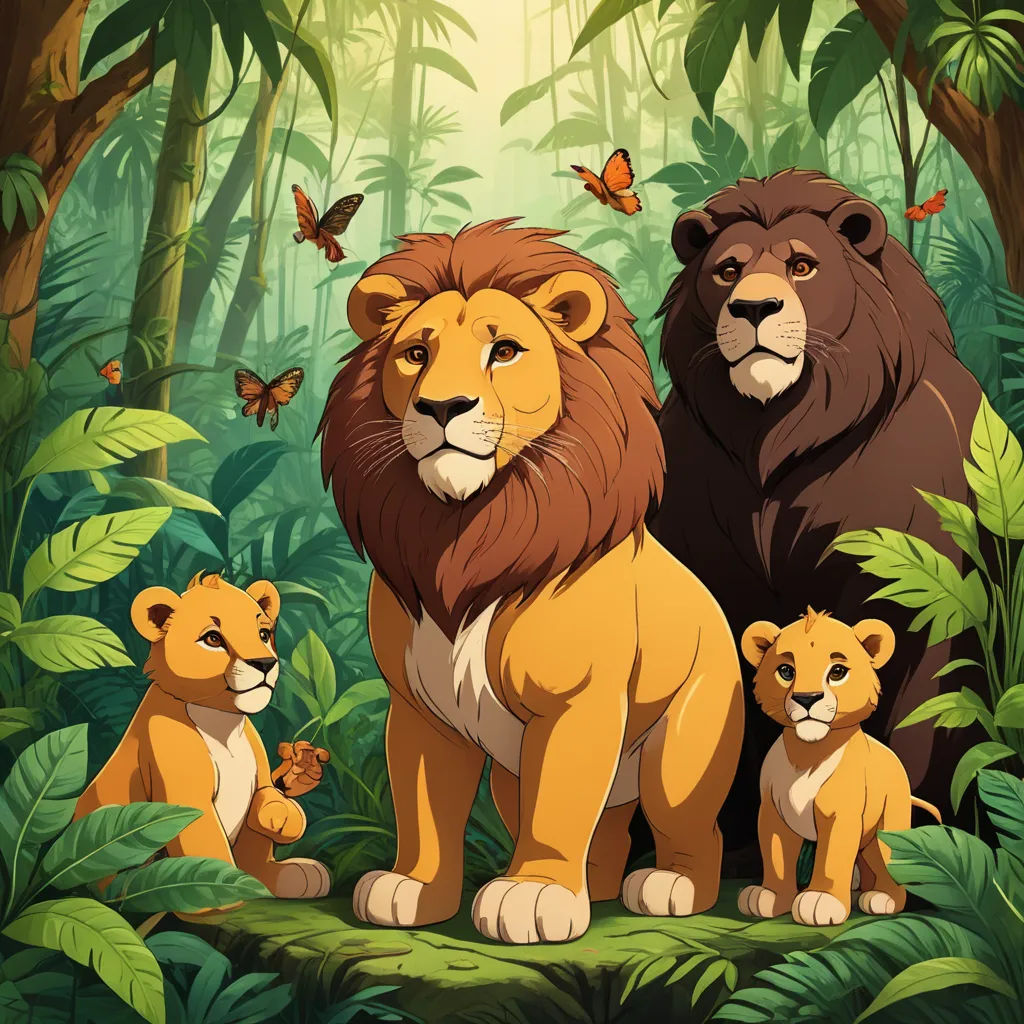 a group of lions standing in the middle of a jungle with butterflies flying above them and a butterfly on the top of the lion's head, sots art, a poster, Chris LaBrooy, official art