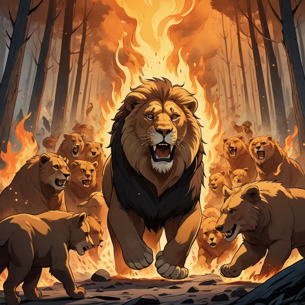 a lion is running through a forest with other lions around him and a fire in the background that is blazing, furry art, concept art, Chris LaBrooy, furaffinity