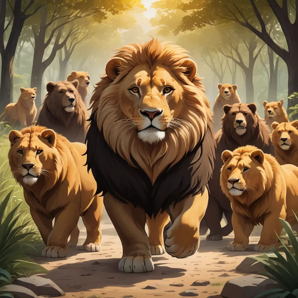 a group of lions walking through a forest filled with trees and bushes, with the sun shining through the trees, furry art, concept art, Chris LaBrooy, official art