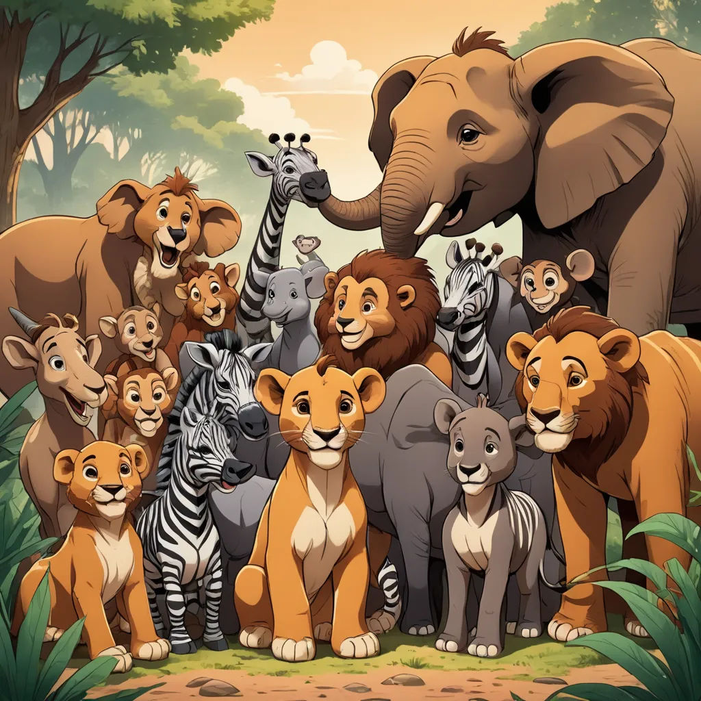 a group of animals standing in the jungle together with a baby elephant in the background and a baby zebra in the foreground, furry art, a storybook illustration, disney, furaffinity