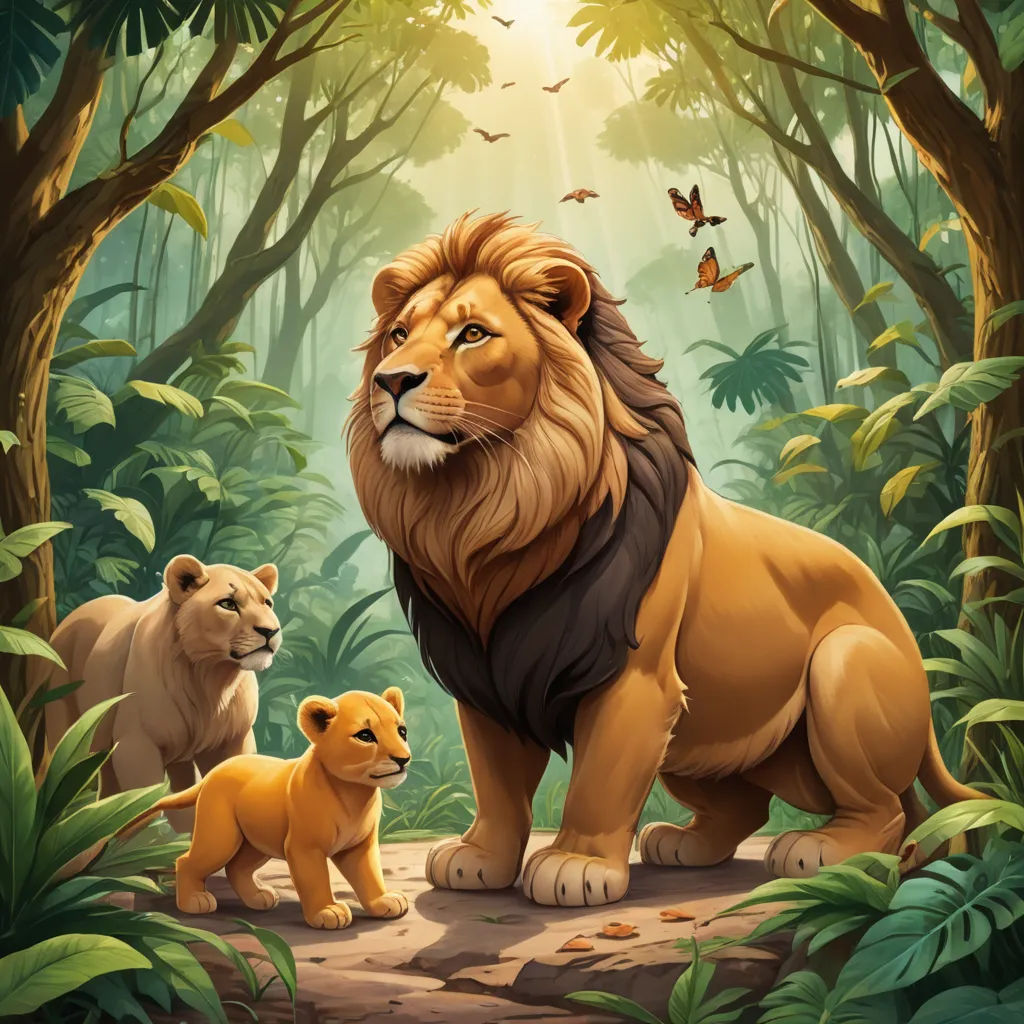 a lion and two cubs in a jungle with butterflies flying overhead and a butterfly flying overhead above them,, furry art, a poster, Chris LaBrooy, official art