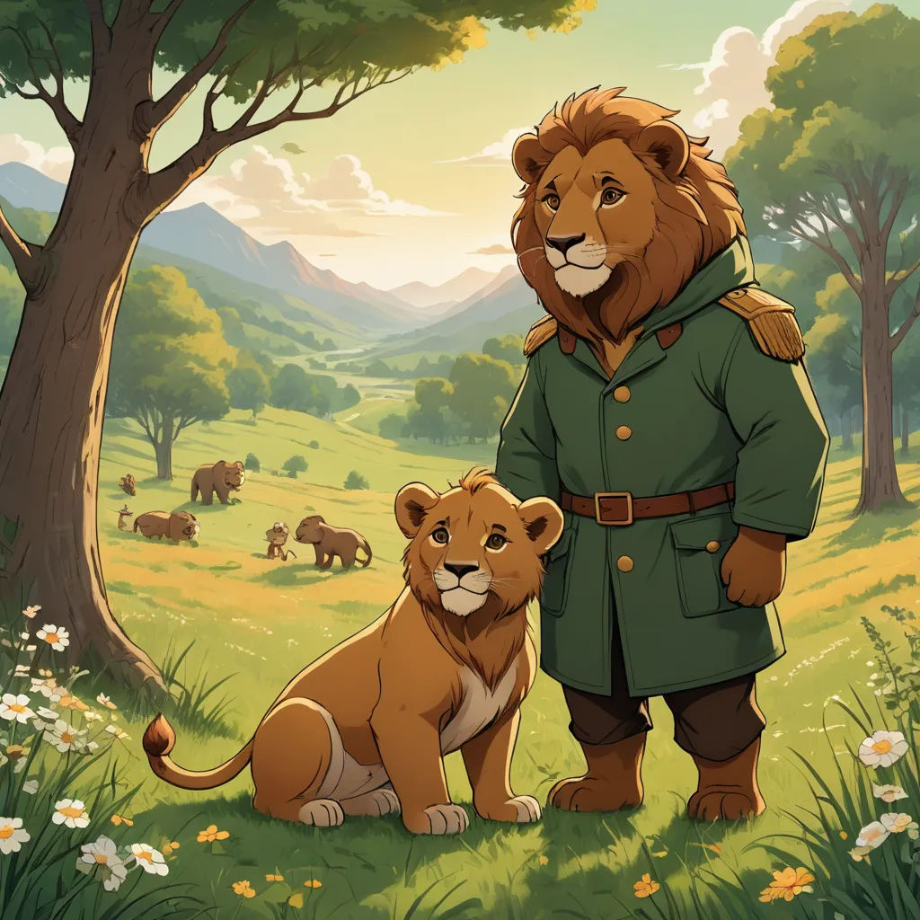 a lion and a lion cub are standing in a field with a mountain background and trees, and a man in a green coat is standing next to a lion, furry art, a storybook illustration, Chris LaBrooy, official art