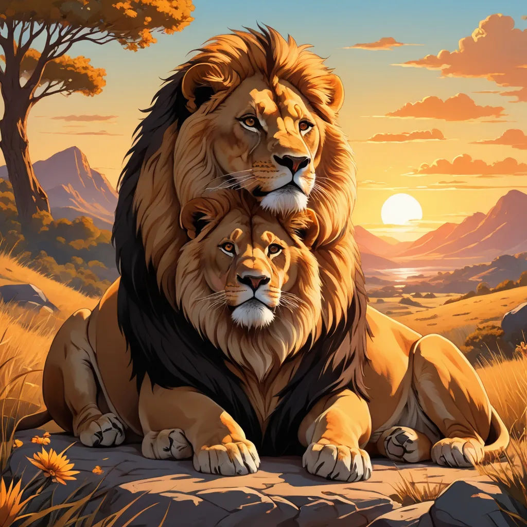 a lion and a lioness sitting on a rock in the wilderness at sunset with a beautiful sky in the background, furry art, a digital rendering, Brothers Hildebrandt, majestic