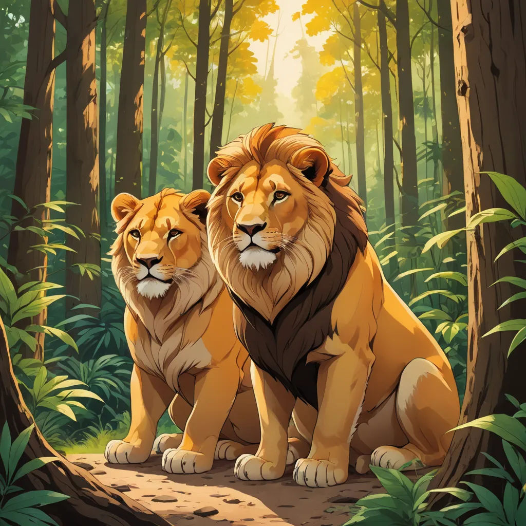two lions sitting in the middle of a forest with trees and bushes around them, facing the camera, with sunlight shining through the trees, furry art, poster art, Brothers Hildebrandt, official art