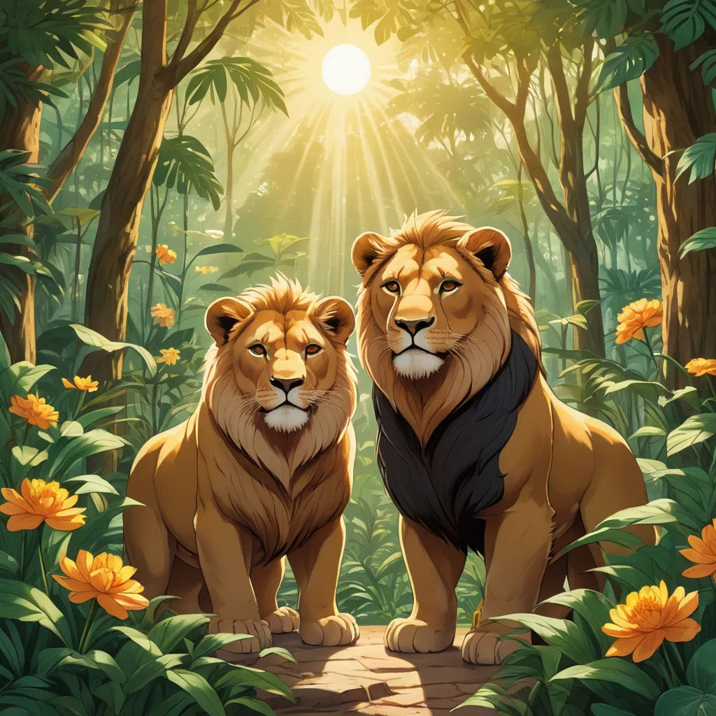 two lions sitting in the middle of a jungle with sun shining through the trees and flowers on the ground, furry art, an album cover, Brothers Hildebrandt, official art