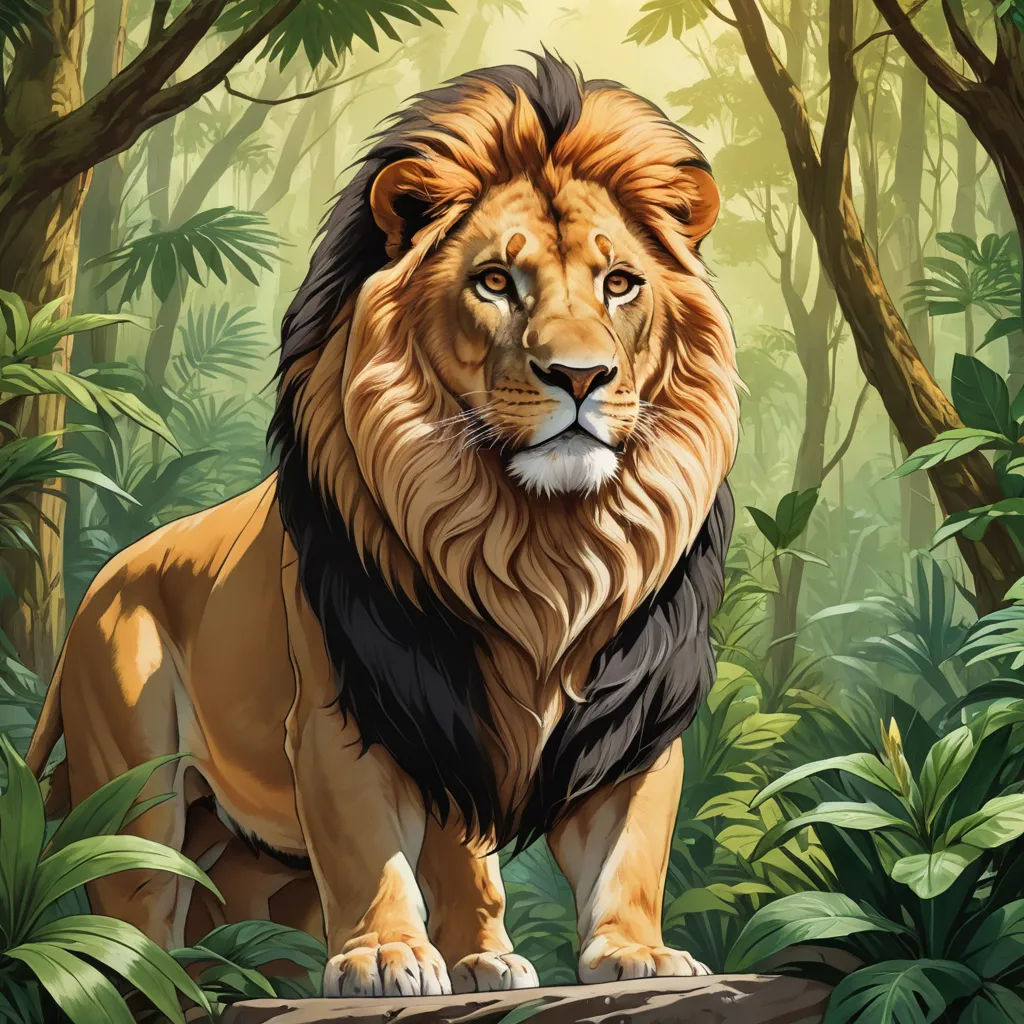 a lion standing in the middle of a jungle with trees and plants around it's edges and a bright light shining on the top of the image, furry art, a digital painting, Chris LaBrooy, highly detailed digital painting