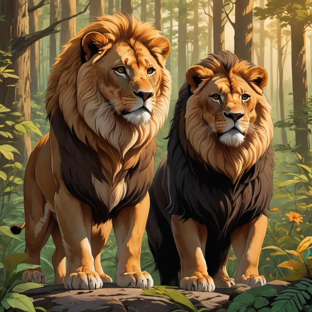 two lions standing on a rock in a forest with trees and plants behind them, with sunlight shining through the trees, furry art, a digital painting, Brothers Hildebrandt, official art