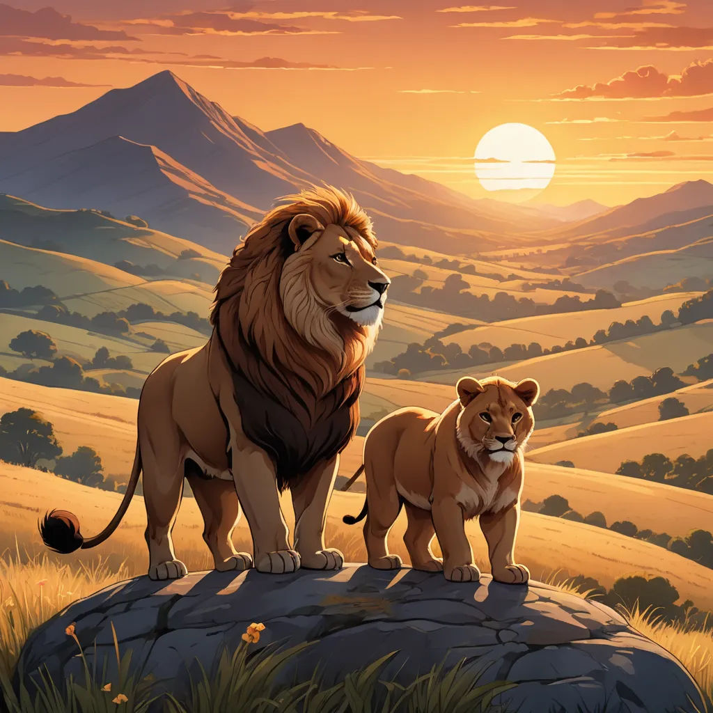 a lion and a lion cub standing on a rock in a field at sunset with mountains in the background, furry art, poster art, Brothers Hildebrandt, official art