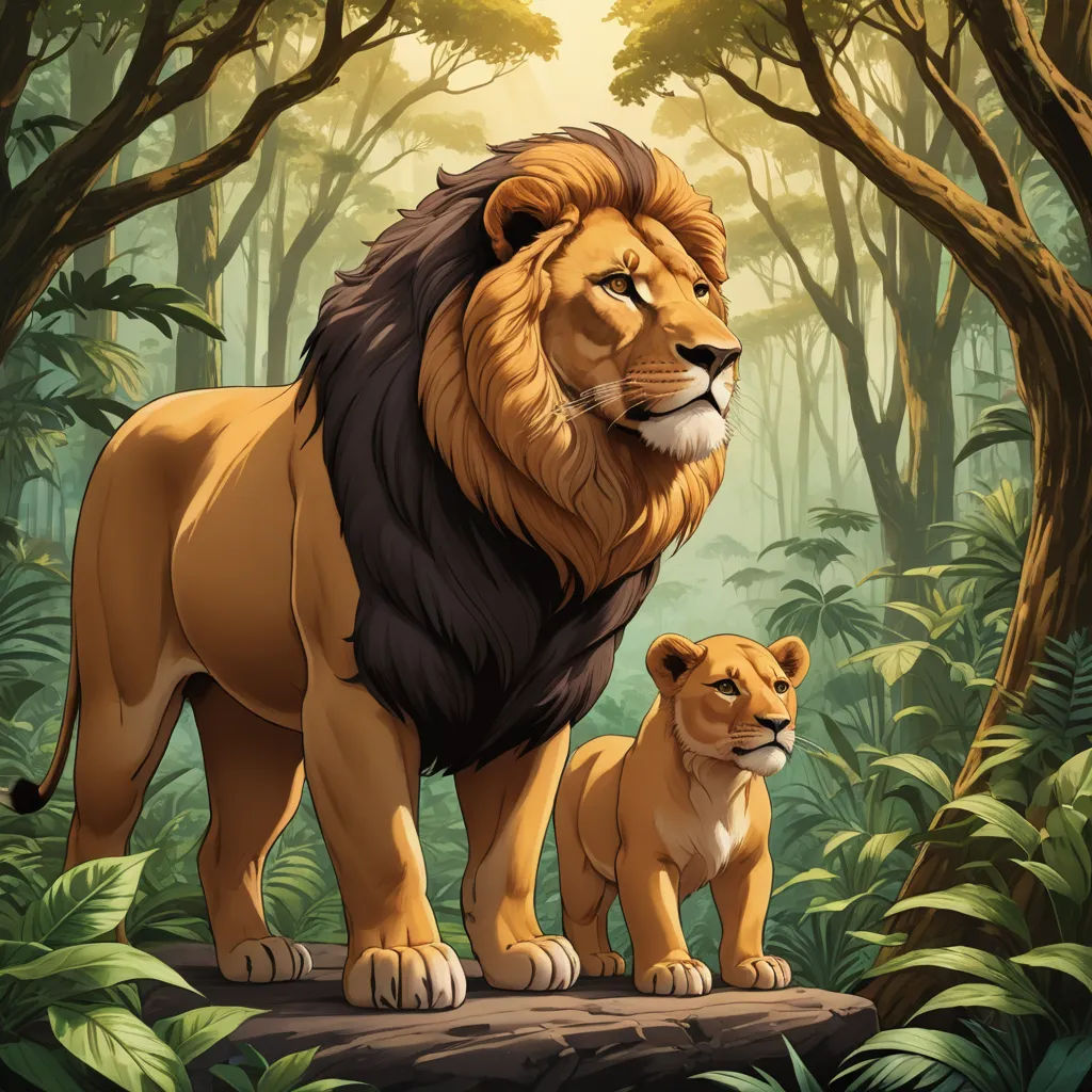 a lion and a cub standing in the jungle together, with a sunbeam in the background and trees, furry art, poster art, Brothers Hildebrandt, official art
