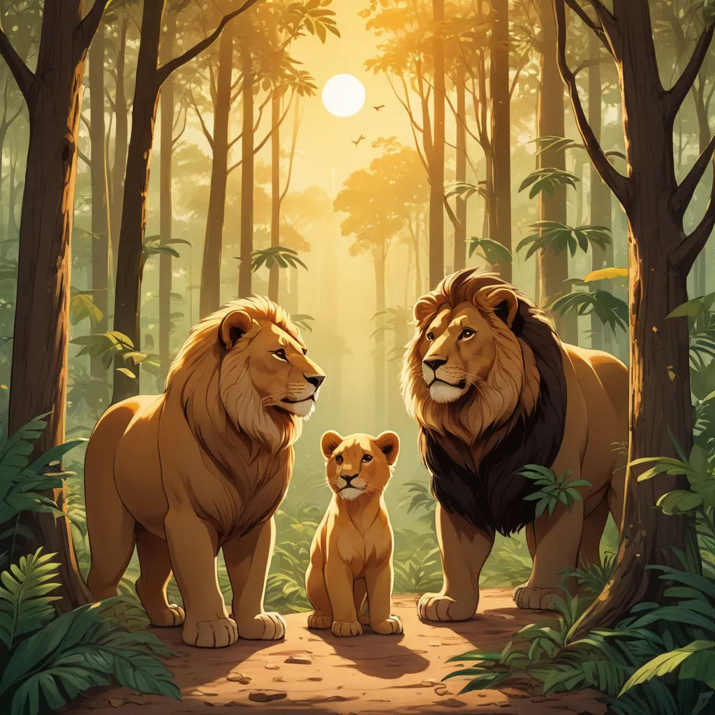 a couple of lions standing in the middle of a forest with a baby lion in front of them and a sun shining through the trees, sots art, poster art, Chris LaBrooy, official art