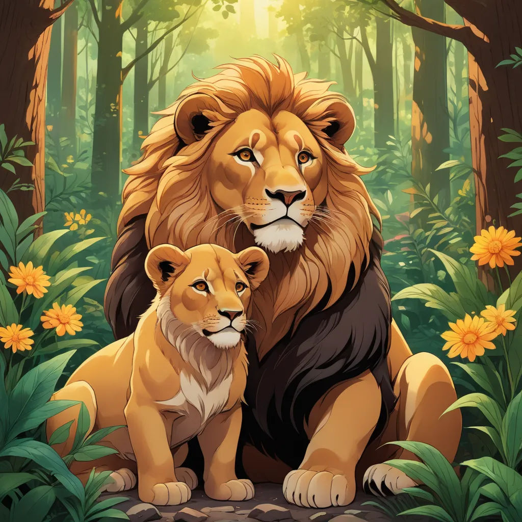 a lion and a cub sitting in the jungle together, with the sun shining through the trees behind them, furry art, a storybook illustration, Cyril Rolando, trending on art station