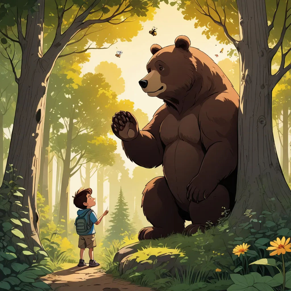 a boy standing next to a bear in a forest with a butterfly flying above him and a tree with a boy looking at it, environmental art, a storybook illustration, Brom, storybook illustration