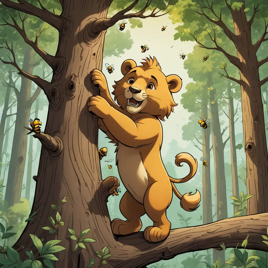 a cartoon lion climbing a tree in a forest with bees flying around it and a forest background with trees and leaves, furry art, a storybook illustration, Chris LaBrooy, promotional image