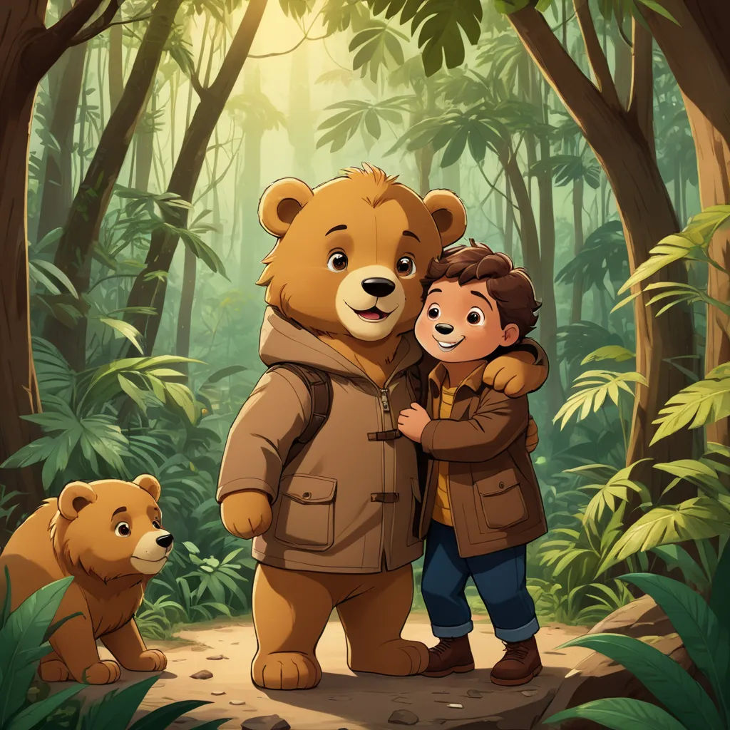 a boy and a girl are hugging in the woods with a bear behind them, and a bear behind them, sots art, a storybook illustration, Diego Gisbert Llorens, official art