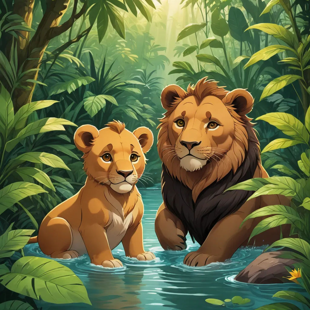 a couple of lions sitting in a river next to a forest filled with trees and plants, with sunlight shining through the leaves, furry art, a storybook illustration, Brothers Hildebrandt, official art