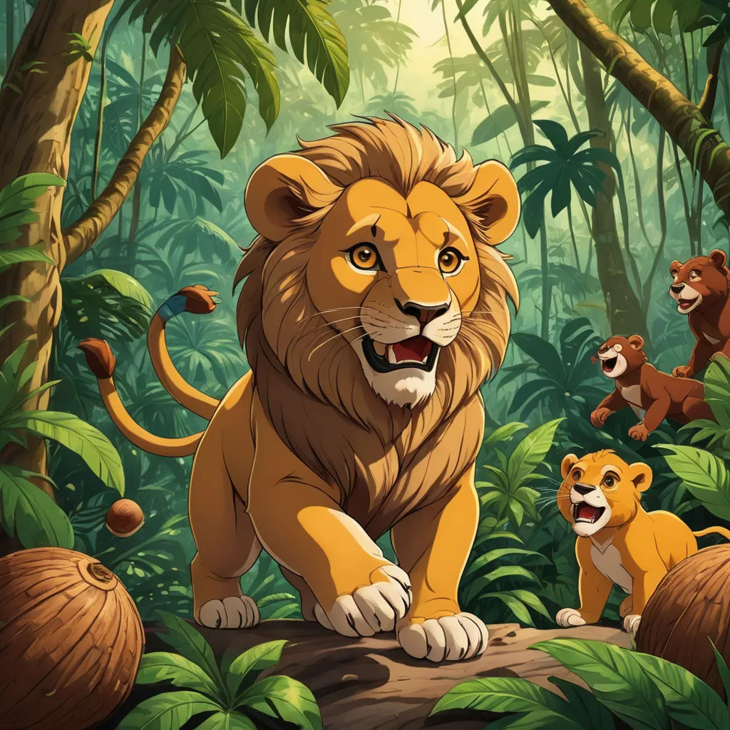 a lion and other animals in a jungle setting with trees and plants around it, including a tree trunk, furry art, a storybook illustration, Chris LaBrooy, jungle