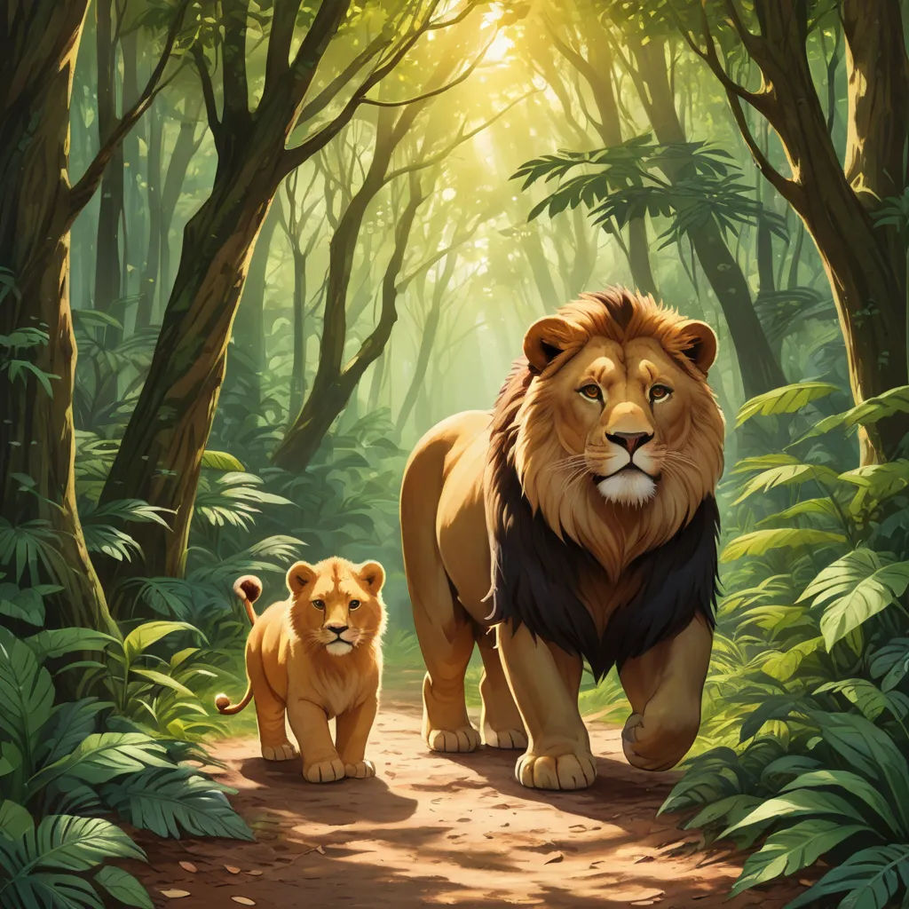 a lion and a cub walking through a forest of trees and ferns, with the sun shining through the trees, furry art, a storybook illustration, Brothers Hildebrandt, official art