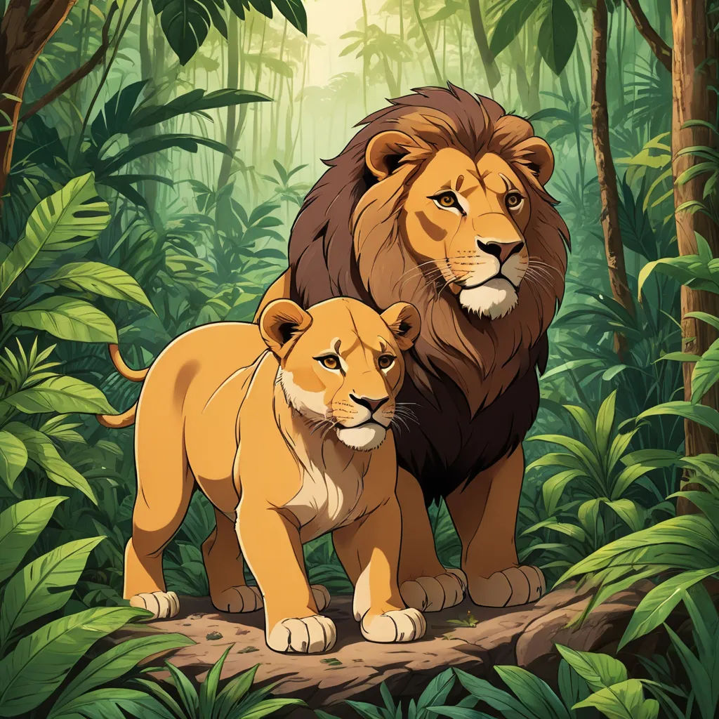 a lion and a lion cub standing in the jungle together, with the sun shining through the trees behind them, furry art, a poster, Brothers Hildebrandt, jungle