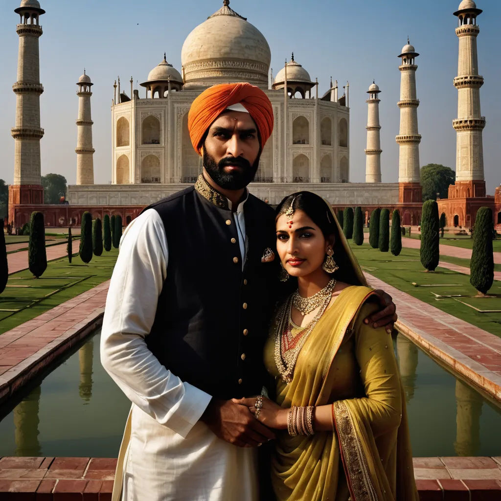 a man and woman standing in front of a building with a fountain in front of them and a man in a turban, serial art, a colorized photo, David Annand, promotional image