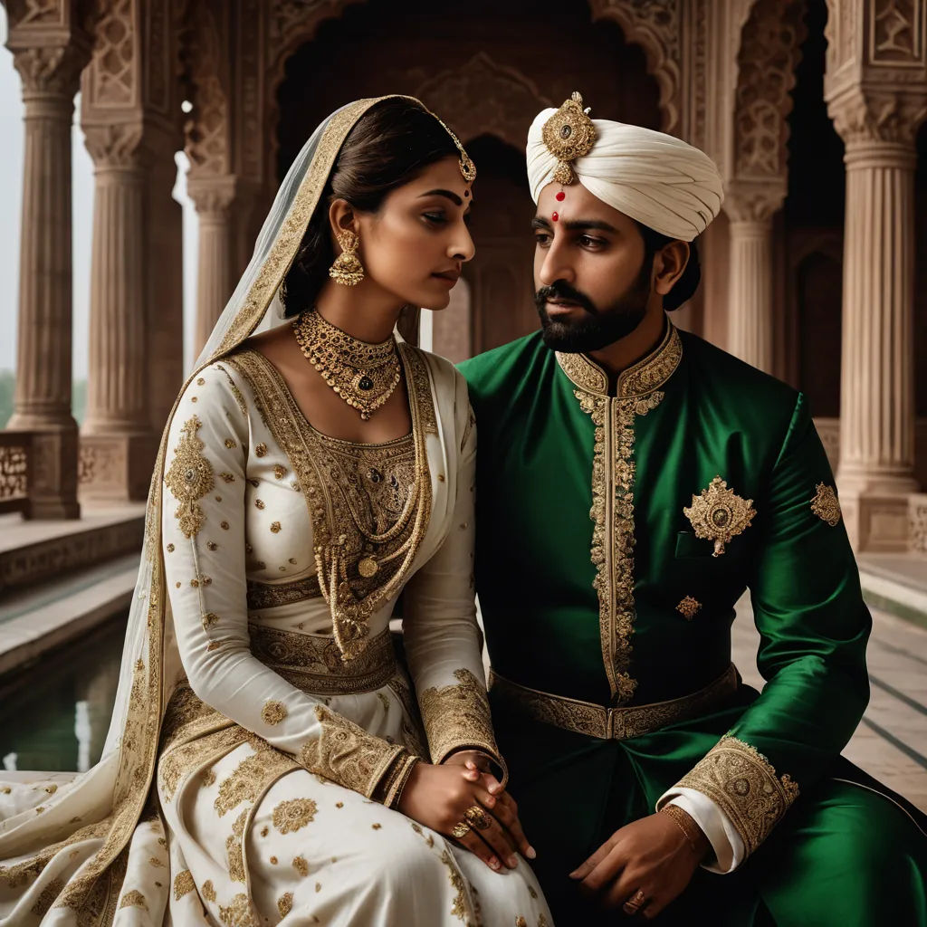 a man and woman dressed in indian attire sitting on a ledge together, looking at each other, with a gaze on their face, samikshavad, a photorealistic painting, Bholekar Srihari, regal