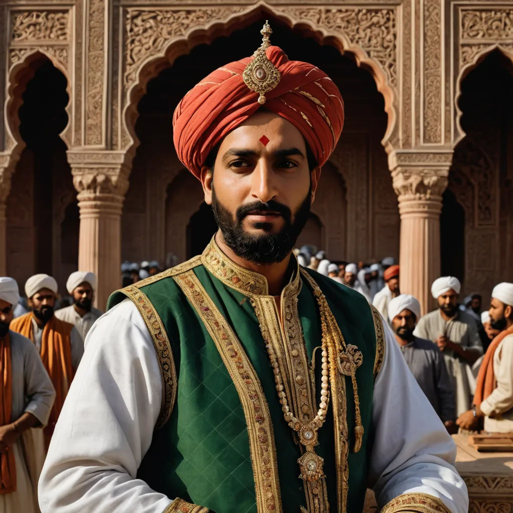 a man in a turban standing in front of a building with people around him and wearing a red turban, samikshavad, a poster, Altoon Sultan, promotional image