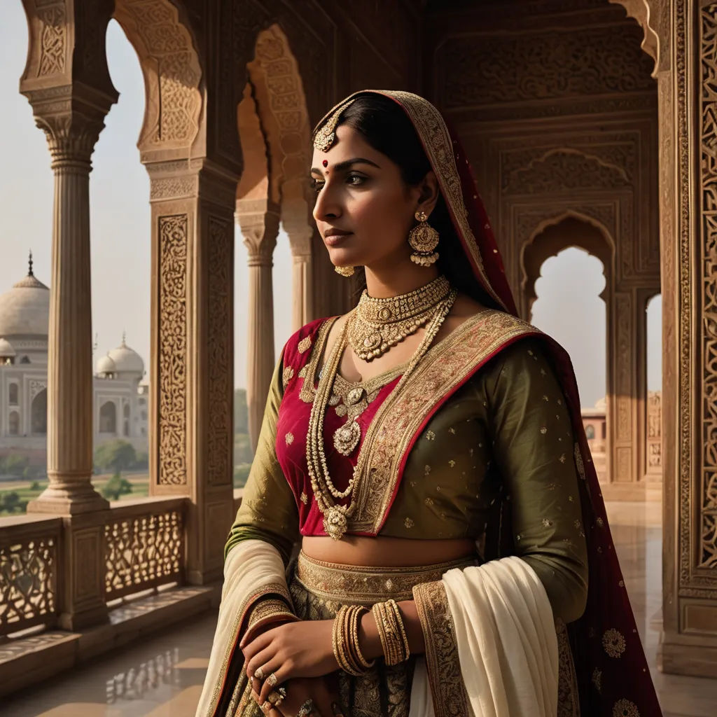 a woman in a traditional indian outfit standing in a building with a view of the tajwa palace, samikshavad, a photorealistic painting, Annie Leibovitz, regal
