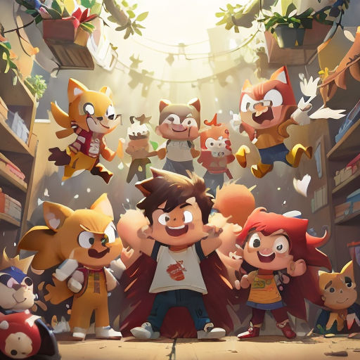 a group of cartoon characters standing in a room with a ceiling full of plants and plants hanging from the ceiling