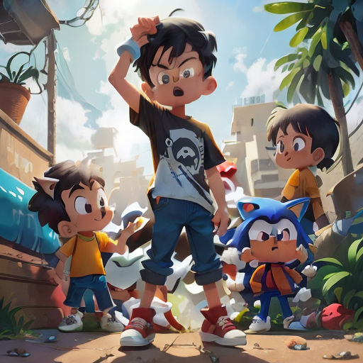 a group of children standing next to each other in front of a building with a sky background and a cartoon character