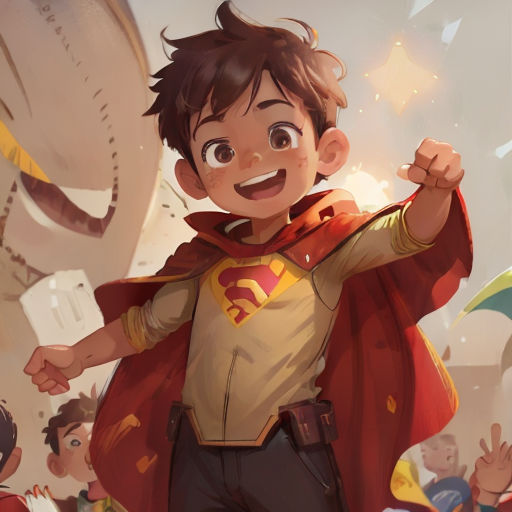a boy in a cape is standing in front of a crowd of people and a clock with a red cape on
