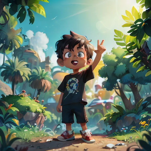 a boy standing in the middle of a forest with his hands up in the air and his eyes wide open