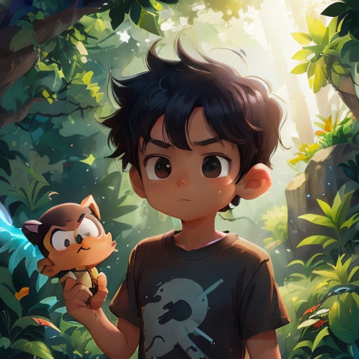 a boy holding a cat in a forest with a forest background and sunlight coming through the trees and leaves