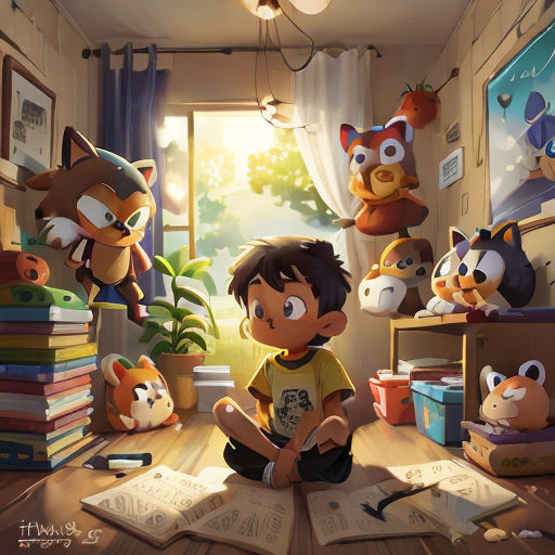 a boy sitting on a floor surrounded by stuffed animals and books in a room with a window and a cat on the wall