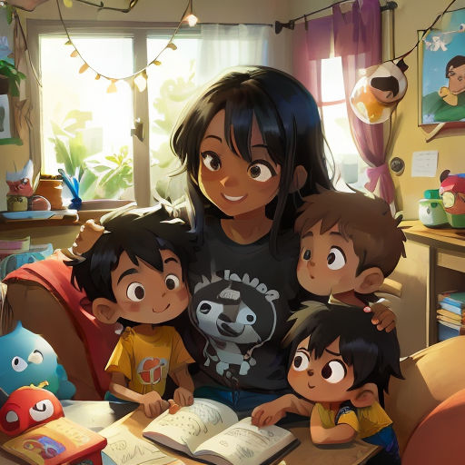 a woman sitting on a couch with two children and a book in her lap and a window behind her