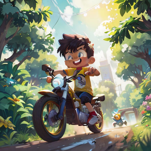 a boy riding a motorcycle through a forest filled with trees and flowers, with a bird flying overhead in the background