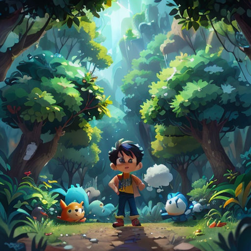a boy standing in the middle of a forest with a forest background and lots of animals around him,