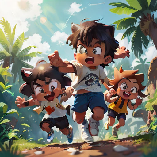 a group of cartoon characters running through a jungle with palm trees in the background and a blue sky with clouds