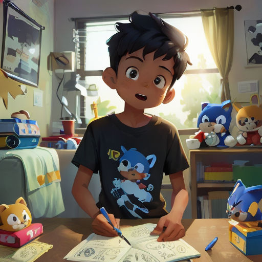 a boy is writing in a book with a cat on his shirt and a stuffed animal is behind him