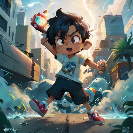 a boy with a clock and a skateboard in a cartoon style, with a city background and a lightning