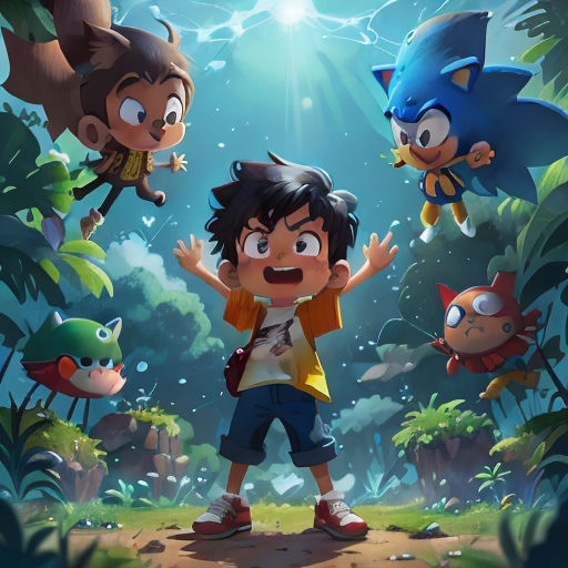 a boy standing in front of a forest filled with cartoon characters and a light shining down on him from the sky