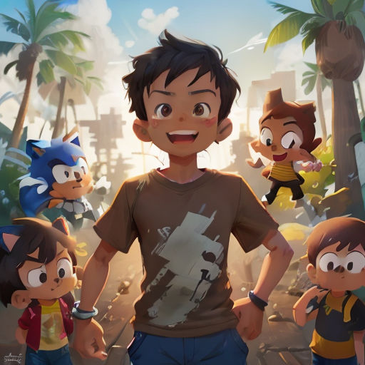 a boy standing in front of a group of cartoon characters in a jungle setting with palm trees and buildings