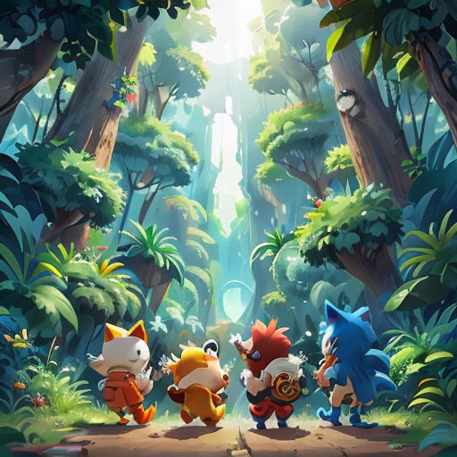 a group of cartoon animals standing in the middle of a forest with trees and plants on either side of them