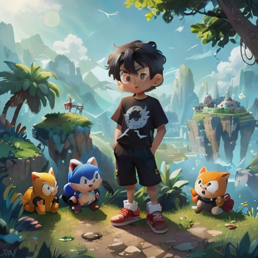 a boy standing in front of a forest with several animal toys in front of him and a cat on the ground