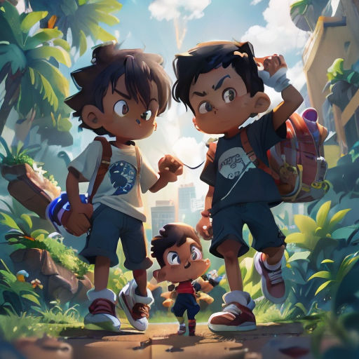 two children standing in the middle of a jungle with a backpack on their shoulders and a backpack on their shoulder
