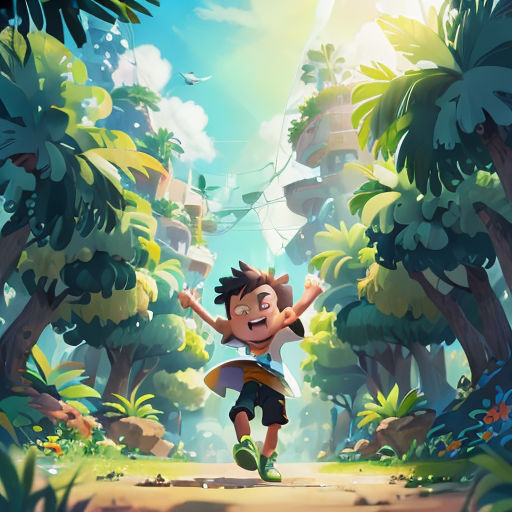 a boy running through a forest with a sky background and trees in the background, with a sun shining through the clouds