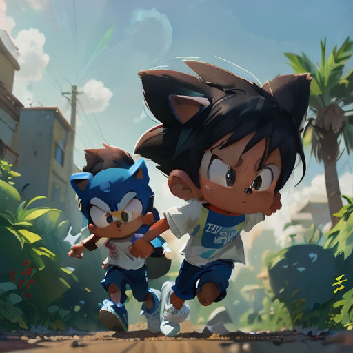 a couple of cartoon characters running through a jungle area with palm trees in the background and a blue sky
