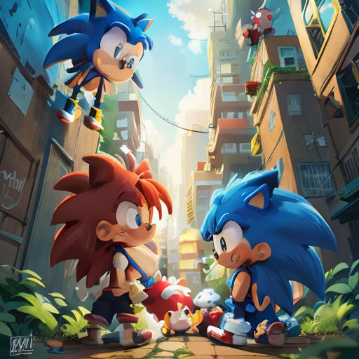 a couple of sonic and sonic the hedges in a city street with buildings and buildings in the background